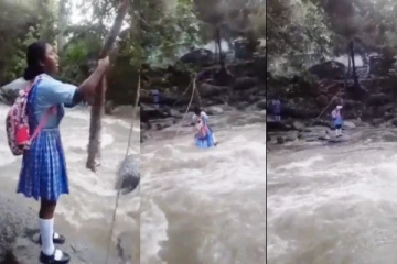 உயிரை பணயம் வைத்து ஆபத்தான முறையில் ஆற்றை கடந்த மாணவி - வைரலாகும் வீடியோ!