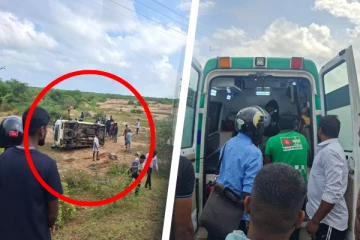 கிளிநொச்சியில் தலை கீழாக கவிந்த வேன்; பயணித்தவர்களின் நிலை என்ன!