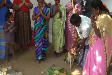நாய்க்கு வளைகாப்பு நடத்திய கட்டிடத் தொழிலாளி