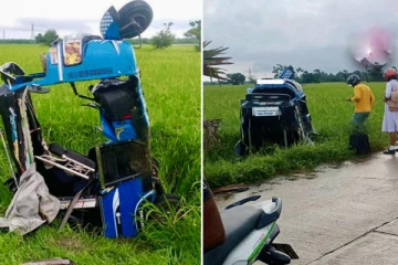 மட்டக்களப்பில் செங்குத்தாக கவிழ்ந்த முச்சக்கர வண்டி