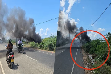 யாழ். காக்கைதீவு பகுதியில் வீதியருகே எரிக்கப்பட்ட கழிவு பொருட்கள்: பயணிகள் சிரமம்