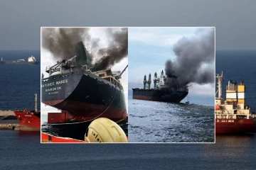 ஹார்முஸ் ஜலசந்தி வழியாகச் சென்ற கப்பல் மீது தாக்குதல் : பற்றி எரியும் கப்பல்