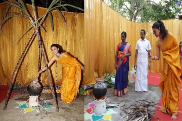 அழகுடா..! ஸ்லீவ் லெஸ் ஜாக்கெட்டில் மஞ்சள் நிற புடவை அணிந்து பொங்கல் வைத்த கீர்த்தி சுரேஷ்