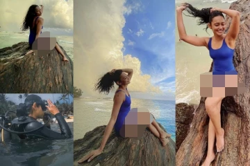ප්රසිද්ධියේ නාන ඇඳුමෙන් සැරසුණු යුරේනි කරපු දෙයක්... ටැටූ එක ගහපු තැනත් පෙන්නයි.(PHOTOS)