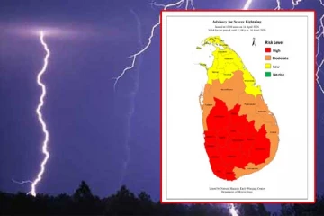 අද සවස් කාලයේ ප්‍රබල අකුණු - මේ ස්ථාන වලට කාලගුණ දෙපාර්තමේන්තුවෙන් අනතුරු ඇඟවීම