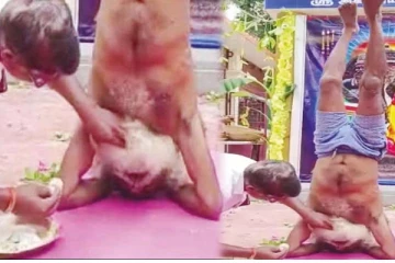 தலைகீழாக நின்று இட்லி சாப்பிடும் முதியவர்! எதற்காக இந்த முடிவு தெரியுமா?