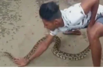 ஆற்றில் மிதந்து வந்த 10 அடி பாம்பு: அலறியடித்து ஓடிய மக்கள்! இளைஞர் செய்த தரமான செயல்