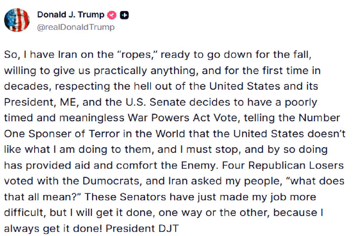 ஈரான் விவகாரம் ; செனட் உறுப்பினர்கள் மீது டிரம்ப் கடும் தாக்கு | Iran Issue Trump Attacks Senate Members