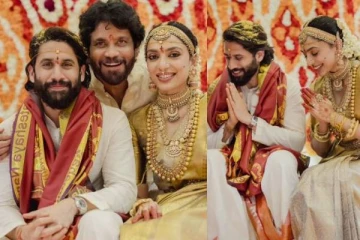 தங்க நிறத்திலான பட்டு, உடல் முழுவதும் விலையுயர்ந்த பட்டு, கலக்கிய சோபிதா... இத்தனை சவரன் இருக்குமா?