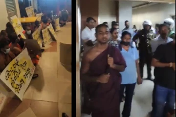 கல்வி அமைச்சு வளாகத்திற்குள் நுழைந்து பிக்கு மாணவர்கள் ஆர்ப்பாட்டம் (Video)