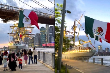 பிரூக்ளின் பாலத்தில் மோதிய மெக்சிகோ கடற்படை கப்பல்., அந்தரத்தில் தொங்கிய வீரர்கள்