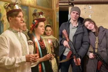 போர் களேபரங்களுக்கு மத்தியில் திருமணம்., உடனடியாக நாட்டுக்காக ஆயுதம் ஏந்தி நின்ற உக்ரைன் தம்பதி., நெகிழவைக்கும் படங்கள்