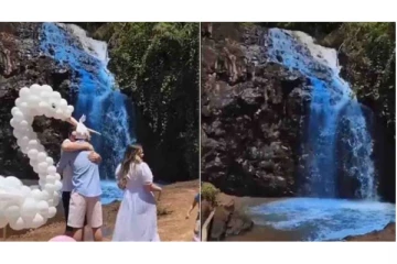 சொந்த நிகழ்ச்சிக்காக அருவியில் நீல நிறத்தை ஊற்றி மாசுபாடுத்திய பிரேசில் தம்பதி - வைரல் வீடியோ