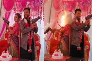 திருமணத்தில் துப்பாக்கி விளையாட்டு - மணமகளின் முகத்தை பதம் பார்த்த நெருப்பு - வைரலாகும் Video!