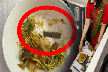 விமானத்தில் வழங்கப்பட்ட உணவில் இரும்பு தகடு ; அதிர்ச்சியில் பயணி!