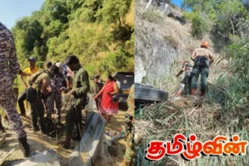 விபத்துக்குள்ளான பேருந்தை ஆய்வு செய்த அதிகாரிகள்