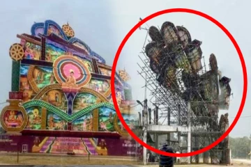 திடீரென சரிந்து விழுந்த பாரிய வெசாக் தோரணம்; தமிழர் பகுதியில் சம்பவம் !