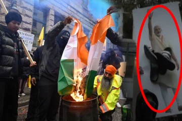 இந்திய கொடி எரிக்கப்பட்டு மோடி கட் அவுட் மீது செருப்பு; காலிஸ்தான் ஆதரவாளர்கள் போராட்டம்