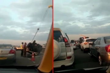 වාහනයක් පෙරළි යයි.. අධිවේගි මාර්ගයේ සිදුවූ දේ (VIDEO)