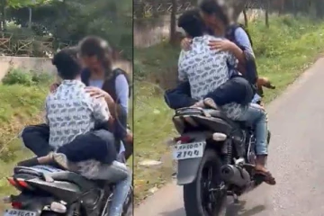 பெட்ரோல் தாங்கியில் அமர்ந்து மோட்டார் சைக்கிளை செலுத்திய காதல் ஜோடி