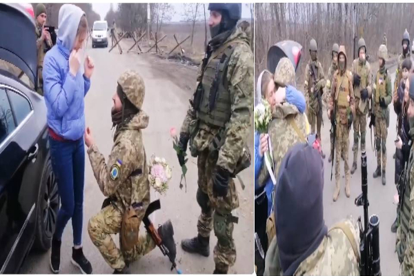 உக்ரைன் சோதனைச் சாவடியில் காதலியை கரம் பிடித்த ராணுவ வீரர் - வைரலாகும் வீடியோ | Russia Ukraine Crisis Ukraine Soldier Girlfriend