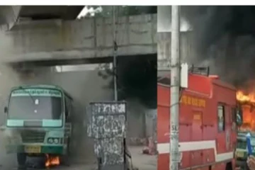 அரசு பேருந்து தீ விபத்து , தெறித்து ஓடிய  பயணிகள் :  கோயம்பேட்டில்  பரபரப்பு சம்பவம்