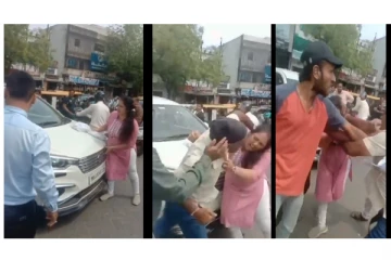 காரில் முந்திச் சென்ற பெண்ணை நடுரோட்டில் அடித்து உதைத்த நபர்... பதற வைக்கும் வீடியோ