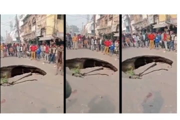 சாலை நடுவே திடீரென ஏற்பட்ட மிகப் பெரிய பள்ளம்... - ஷாக்கான மக்கள்...!