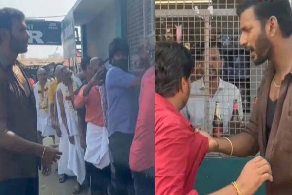 டாஸ்மாக்கில் மது வாங்க வந்தவர்களை அடித்து விரட்டிய விஷால் - டிரெண்டாகும் வீடியோ! - தமிழ்நாடு