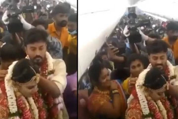 கொரோனா கட்டுப்பாடுகளை தவிர்க்க உறவினர்களுடன் அந்தரத்தில் கோலகலமாக நடந்த திருணம்! மண்டபமாக மாறிய விமானம்! வைரலாகும் தமிழ் ஜோடியின் வீடியோ