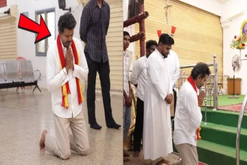 முழங்காலிட்டபடி ஆலயத்தில் மெழுகுவர்த்தி ஏற்றி பிரார்த்தனை செய்த விஜய்!