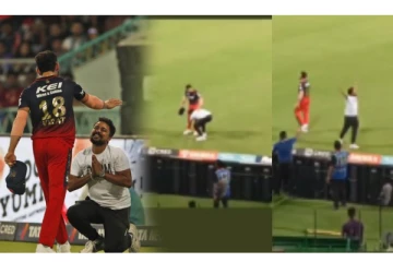 மைதானத்திற்குள் திடீரென நுழைந்து விராட் கோலியிடம் ஆசீர்வாதம் வாங்கிய ரசிகர்!