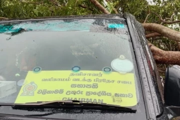 யாழில் தவிசாளரின் வாகனத்தின் மீது விழுந்த மரம்; தெய்வாதீமனாக தப்பிய உயிர்கள்