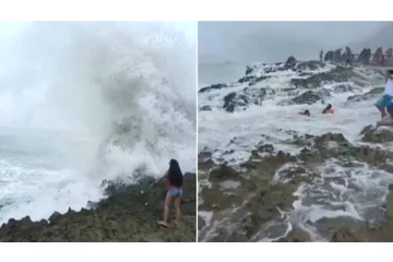 கடலின் ராட்சத அலையில் சிக்கிய 3 பேர் - தூக்கி வாரிச்செல்லும் பதைபதைக்க வைக்கும் காட்சி!