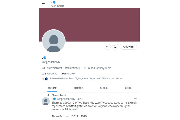 அஜித் படம் கிடைக்காத விரக்தியில் இப்படியெல்லாம் செய்கிறாரா விக்னேஷ் சிவன்- டுவிட்டர் பக்கத்தை இப்படி செய்துவிட்டாரே? | Vignesh Shivan Sudden Action Shocks Fans அஜித் படம் கிடைக்காத விரக்தியில் இப்படியெல்லாம் செய்கிறாரா விக்னேஷ் சிவன்- டுவிட்டர் பக்கத்தை இப்படி செய்துவிட்டாரே? | Vignesh Shivan Sudden Action Shocks Fans