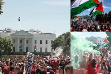 பாலஸ்தீனத்தை விடுவியுங்கள்! வெள்ளை மாளிகை முன் கூடிய ஆர்ப்பாட்டக்காரர்கள்..புகைக்குண்டு வீச்சினால் பதற்றம்