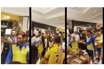 கேக் வெட்டி வெற்றியை கொண்டாடிய தோனி - வைரலாகும் வீடியோ!