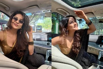 காருக்குள் நடிகை சாக்ஷி அகர்வால்.. சேலையில் லேட்டஸ்ட் கிளிக்ஸ்