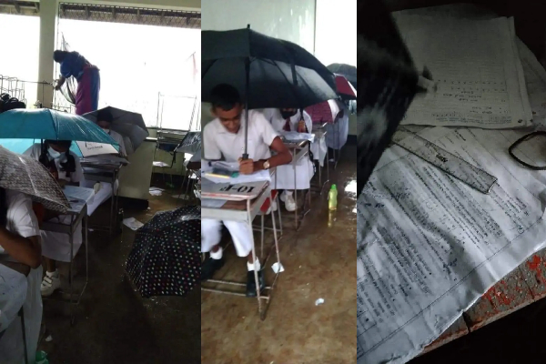 சீரற்ற கால நிலை குடைபிடித்து பரீட்சை எழுதிய மாணவர்கள் -சமுக வலைத்தளங்களில் வெளியான பதிவு (படங்கள்) - ஐபிசி தமிழ்