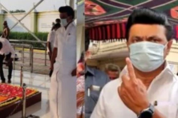 வாக்களிக்கும் முன் தந்தையின் நினைவிடத்தில் அஞ்சலி செலுத்திய ஸ்டாலின்