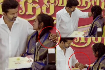 தோள் மீது கை போட்ட விஜய் - உடனே எடுக்க சொன்ன மாணவி!! விருது விழாவில் சலசலப்பு