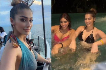 நடிகையுடன் நீச்சல் குளத்தில் டூபீஸ் ஆடையில் நடிகை ராய் லட்சுமி..