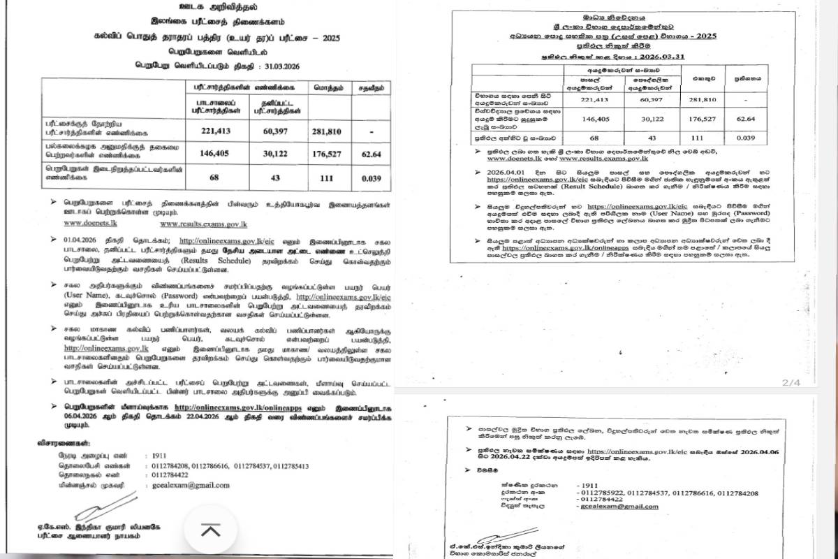 2025 உயர்தரப் பரீட்சை பெறுபேறுகள் வெளியானது | 2025 Advanced Level Examination Results Released