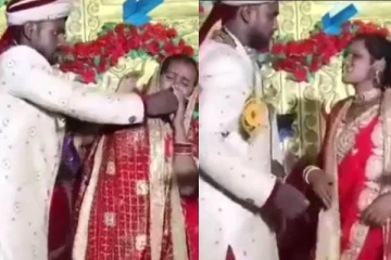 மணமேடையில் கலவரம்..!இனிப்பு ஊட்டியதற்காக சண்டையிட்டு உருண்ட மணமக்கள்