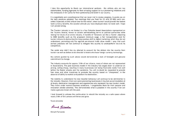 பதவியை இராஜினாமா செய்தார் கிமர்லி பெர்னாண்டோ | Chairperson Of Sri Lanka Tourism Resigns