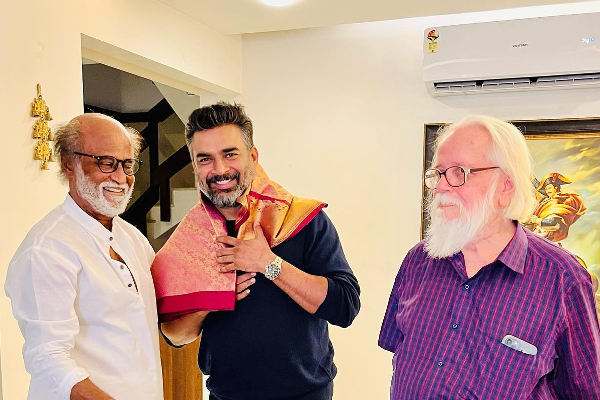 ரஜினியின் காலில் விழுந்த மாதவன்.. வைரல் வீடியோ | Madhavan And Nambi Narayanan Meet Rajinikanth