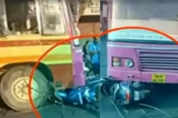 கழுத்தில் சிக்கிய கேபிள் வயர்!! பேருந்து அடியில் சிக்கிய பைக் - சென்னையில் அதிர்ச்சி!!