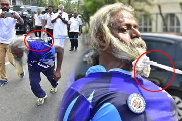 1550 கிலோ எடையுள்ள வாகனத்தை தாடியால் இழுத்து உலக சாதனை படைத்த 60 வயது முதியவர் (புகைப்படங்கள்)