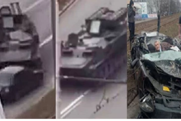 உக்ரைனில் கார் மீது ஏறிய ராணுவ டாங்கி