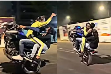 நடுரோட்டில் இளம்பெண்களுடன் பைக்கில் வீலிங் செய்த இளைஞன் - திடுக்கிடும் வீடியோ